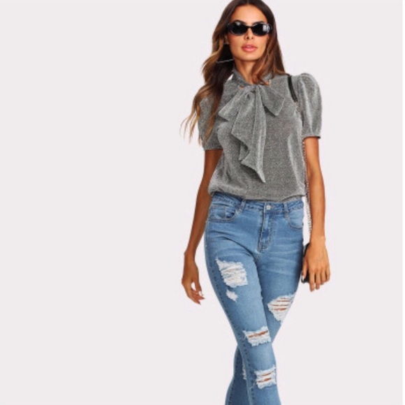 Metallic Silver Lamè Bow Tie Top - Picture 3 of 5